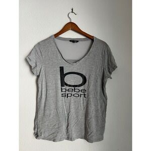 Bebe Sport Women's Gray V-Neck T-Shirt Top Logo Short‎ Sleeve